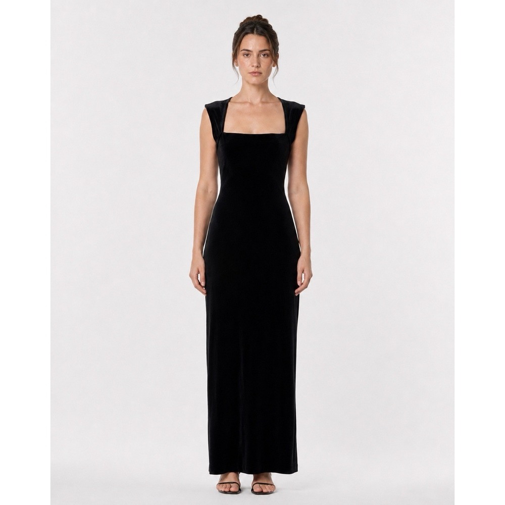 Vintage Black Velvet Maxi Square Neck Formal Dress M Cocktail Goth Stretch Split